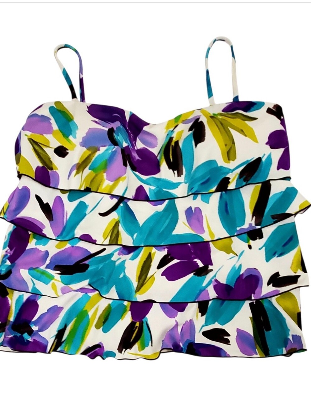 Caribbean Joe Purple Teal Floral Ruffle Tankini Swim Top Sz 16